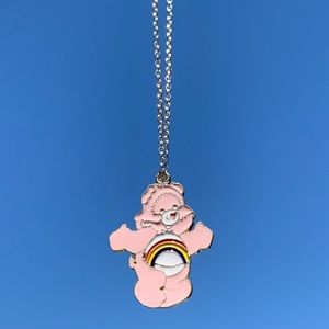 Pink Rainbow Care Bear Silver Chain Necklace